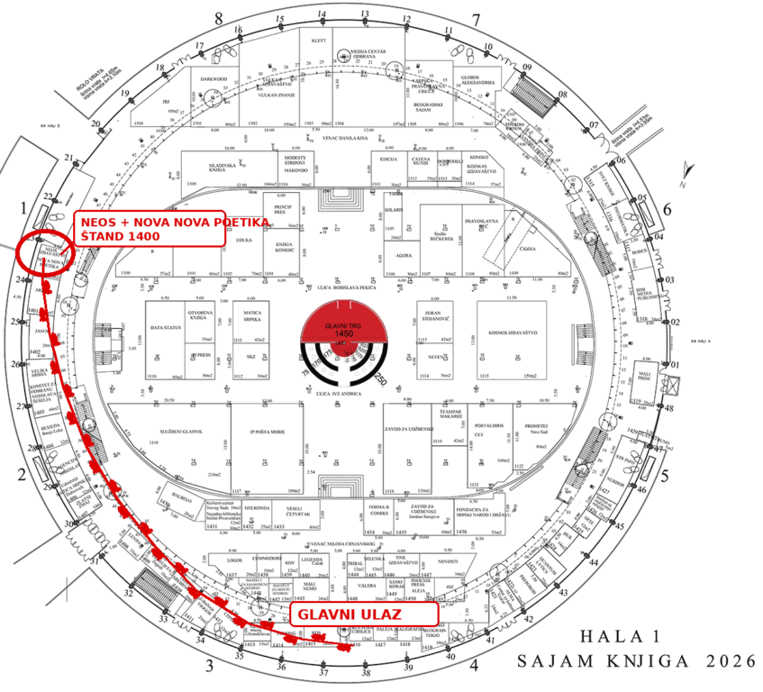 Mapa Hale 1 Sajma knjiga 2026 – put od glavnog ulaza do štanda 1400, NEOS i Nova Nova Poetika